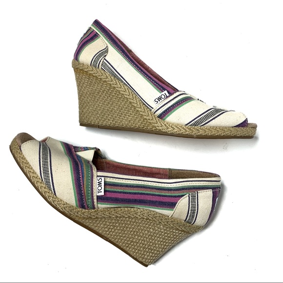 Toms Shoes - TOMS Canvas Stripe Wedge Heels Peep Toe Size 9